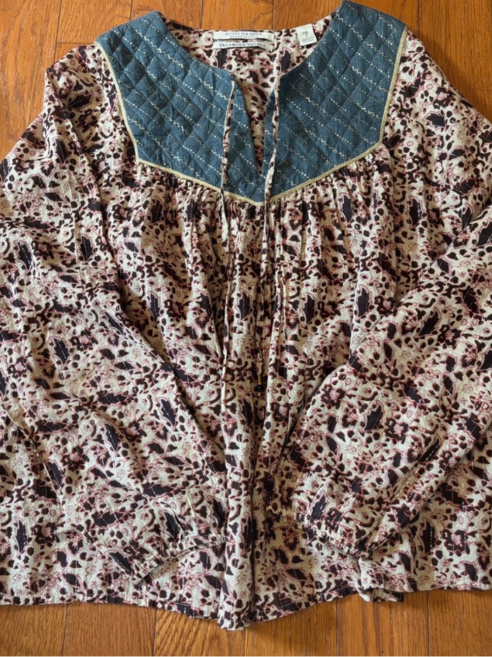 Scotch and Soda Quilt-Yoke Printed Peasant Blouse in Cream and Blue